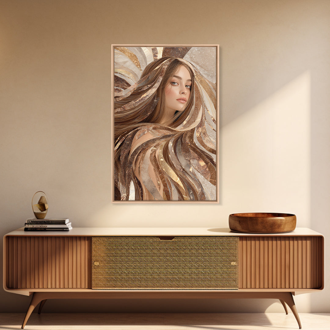 Fashion Portrait with Flowing Glossy Hair Framed Canvas Print, Hair Salon Art, Metal Wall Art, Living Room Decor, Style, HSA-2x3-33