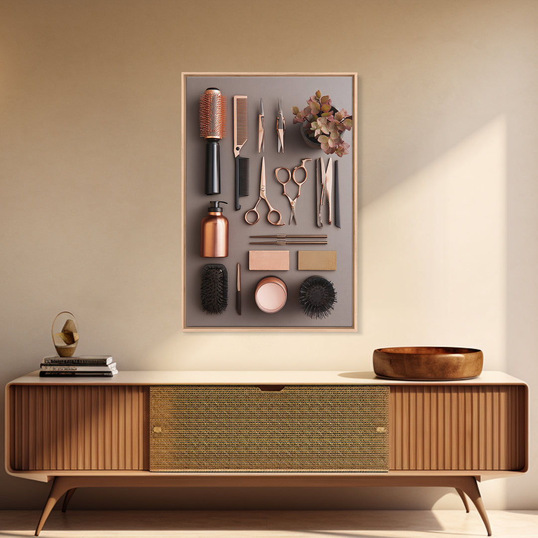 Rose Gold Salon Tool Still Life Framed Canvas Print, Hair Salon Art, Textured Painting, Living Room Decor, Fine Art, Style, HSA-2x3-46