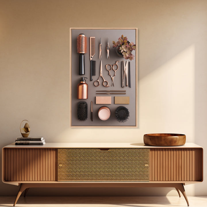 Rose Gold Salon Tool Still Life Framed Canvas Print, Hair Salon Art, Textured Painting, Living Room Decor, Fine Art, Style, HSA-2x3-46