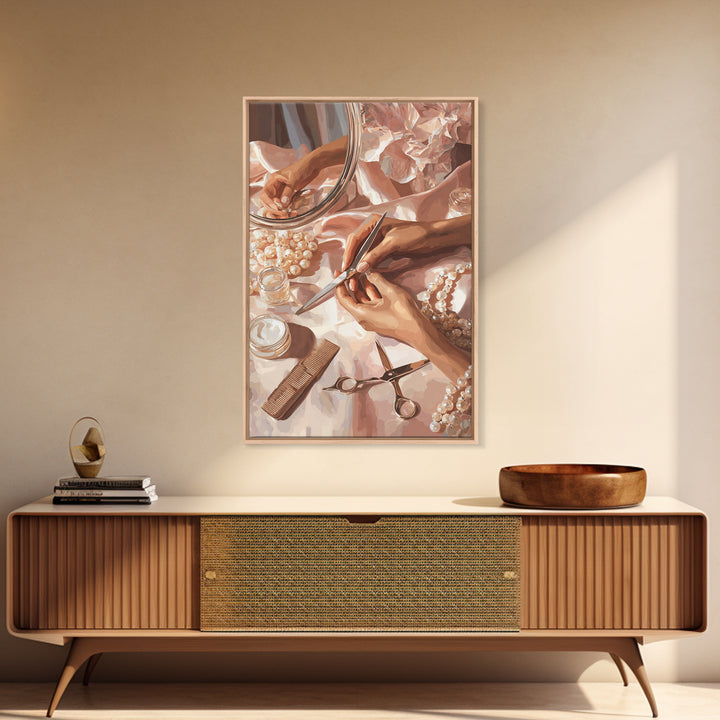 Elegant Hands Styling Hair Canvas Print, Hair Salon Art, Minimalist Decor, Living Room Decor, Fine Art, Style, Black Wall Art, HSA-2x3-54
