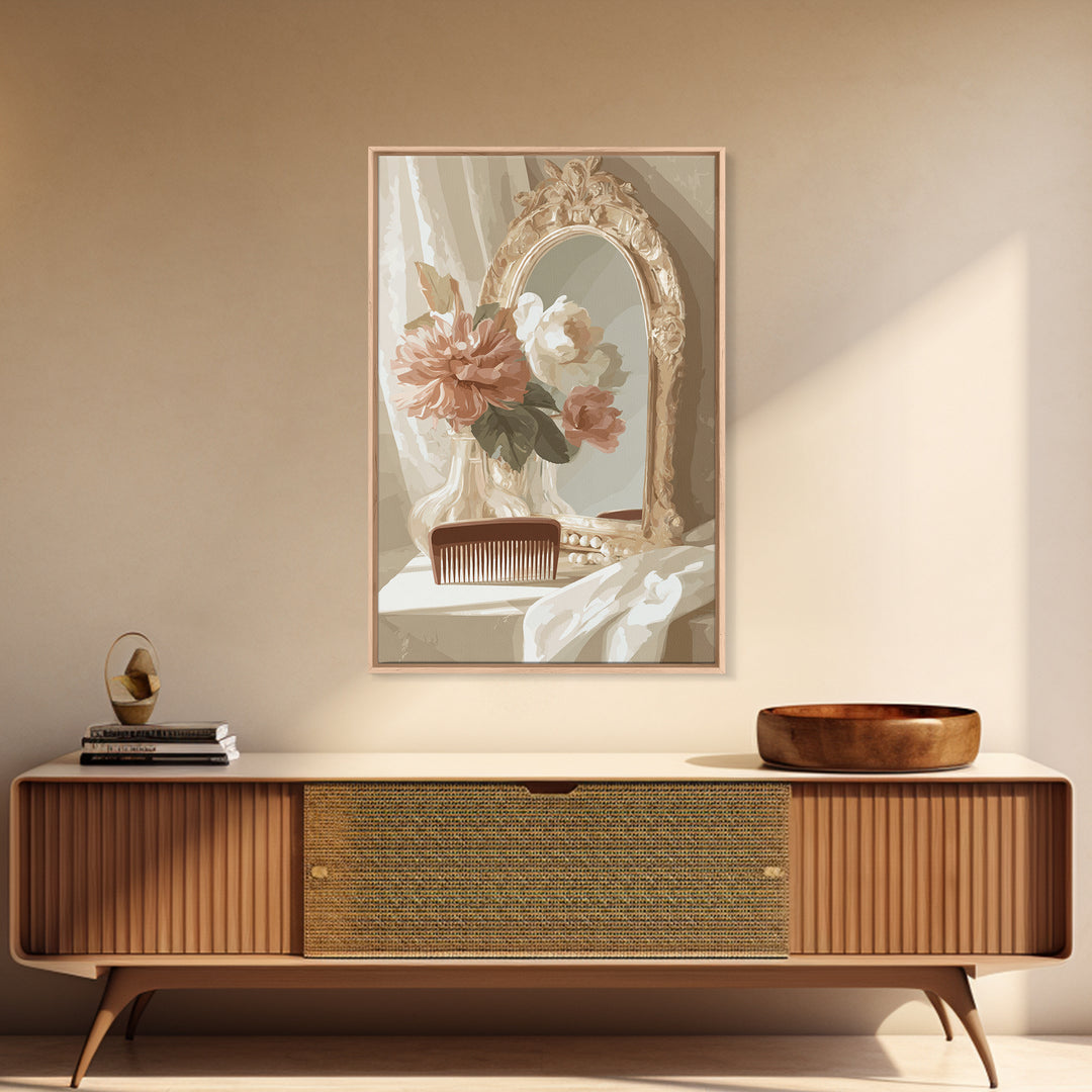 Baroque Mirror and Comb Still Life Framed Canvas Print, Hair Salon Art, Modern Art, Living Room Decor, Fine Art, Style, HSA-2x3-73