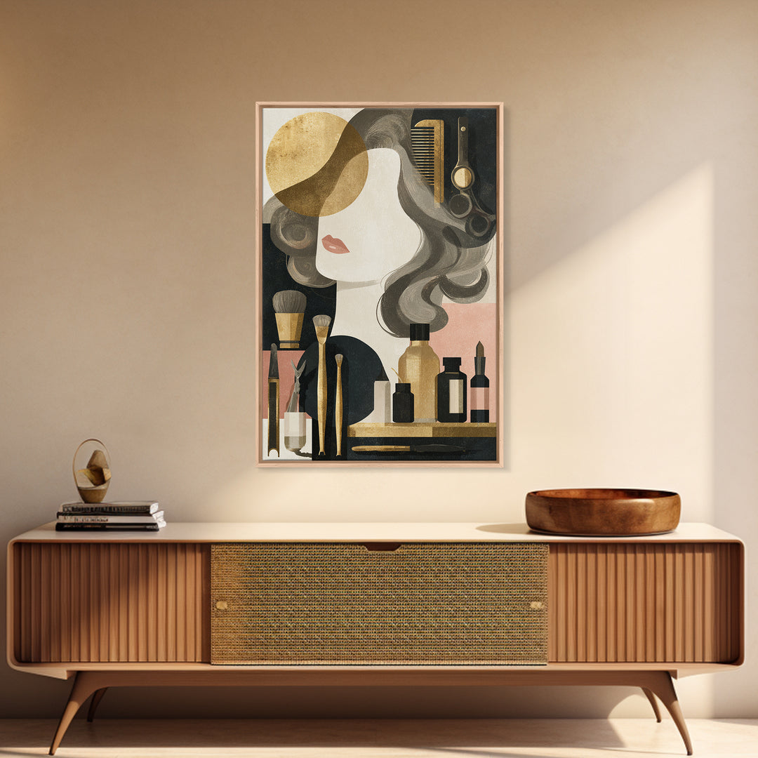 Luxury Black and Gold Beauty Emblem Framed Canvas Print, Hair Salon Art, Living Room Decor, Watercolor Art, Style, HSA-2x3-80