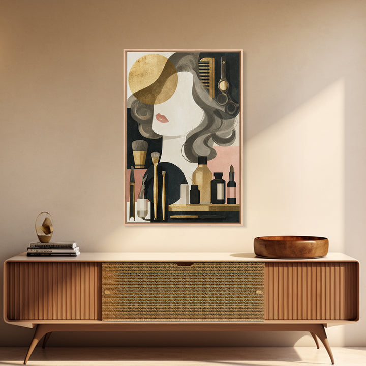 Luxury Black and Gold Beauty Emblem Framed Canvas Print, Hair Salon Art, Living Room Decor, Watercolor Art, Style, HSA-2x3-80