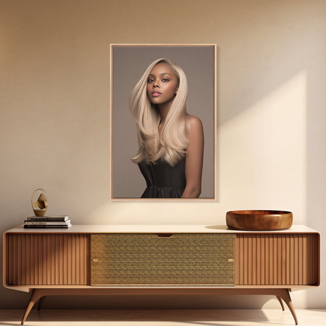 Fashion Portrait with Flowing Glossy Hair Canvas Print, Hair Salon Art, African American Art, Living Room Decor, Style, HSA-2x3-81