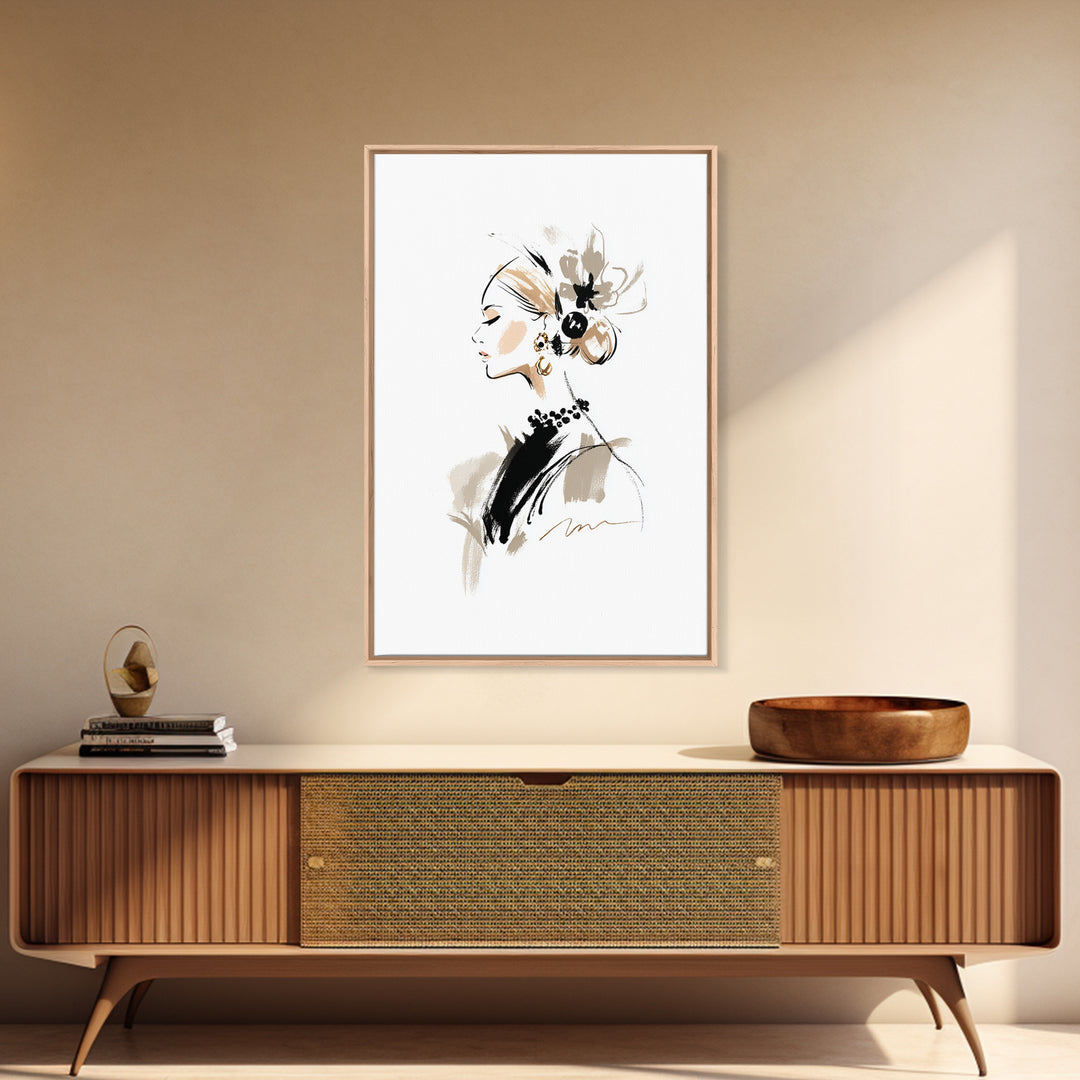 Black and White Line Art Salon Figure Framed Canvas Print, Hair Salon Art, African Art, Living Room Decor, Fine Art, Style, HSA-2x3-87