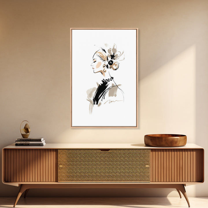 Black and White Line Art Salon Figure Framed Canvas Print, Hair Salon Art, African Art, Living Room Decor, Fine Art, Style, HSA-2x3-87