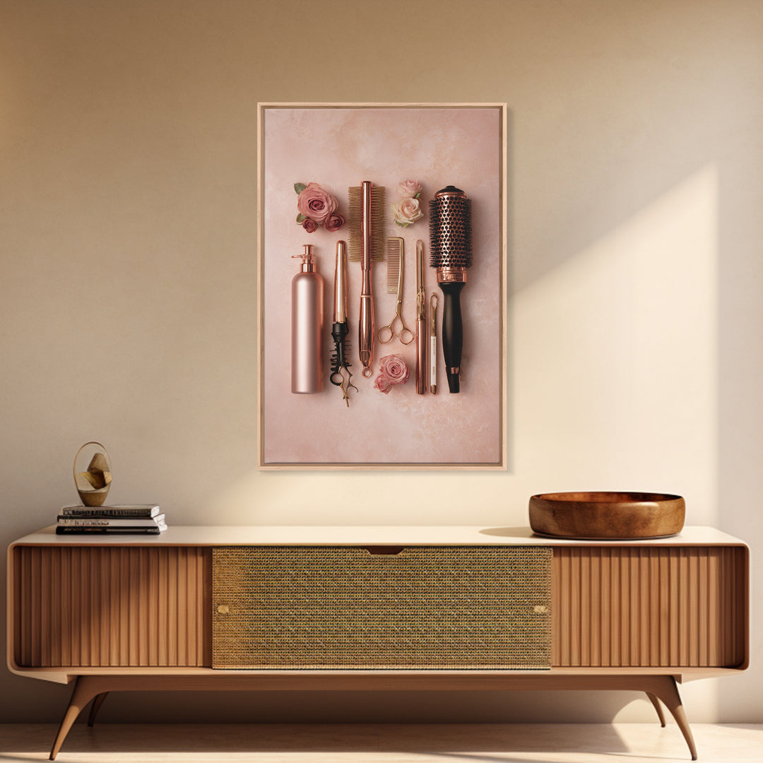 Rose Gold Salon Tool Still Life Framed Canvas Print, Hair Salon Art, Metal Wall Art, Living Room Decor, Fine Art, Style, HSA-2x3-94