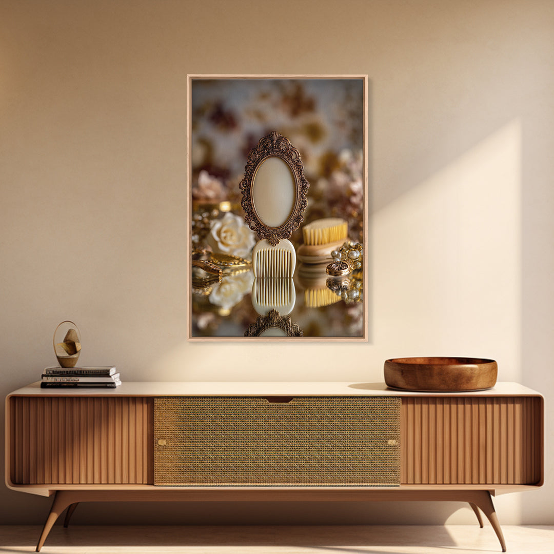 Baroque Mirror and Comb Still Life Framed Canvas Print, Hair Salon Art, Modern Art, Living Room Decor, Fine Art, Style, HSA-2x3-97
