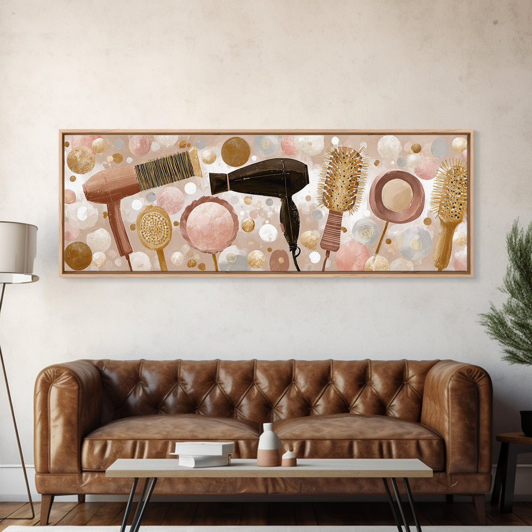Hairdryer and Brush Framed Canvas Print, Hair Salon Art, African American Art, Living Room Decor, Fine Art, Style, Salon Sign, HSA-3x1-1