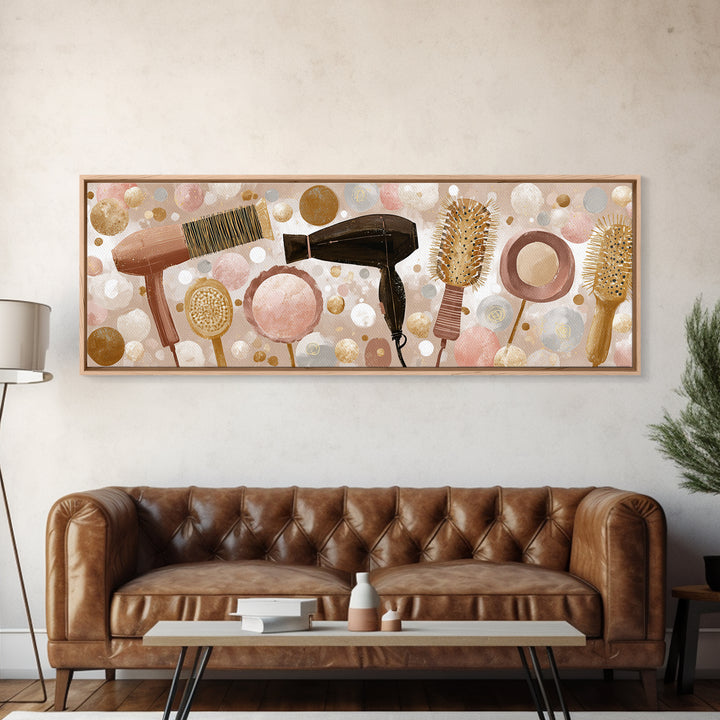 Hairdryer and Brush Framed Canvas Print, Hair Salon Art, African American Art, Living Room Decor, Fine Art, Style, Salon Sign, HSA-3x1-1