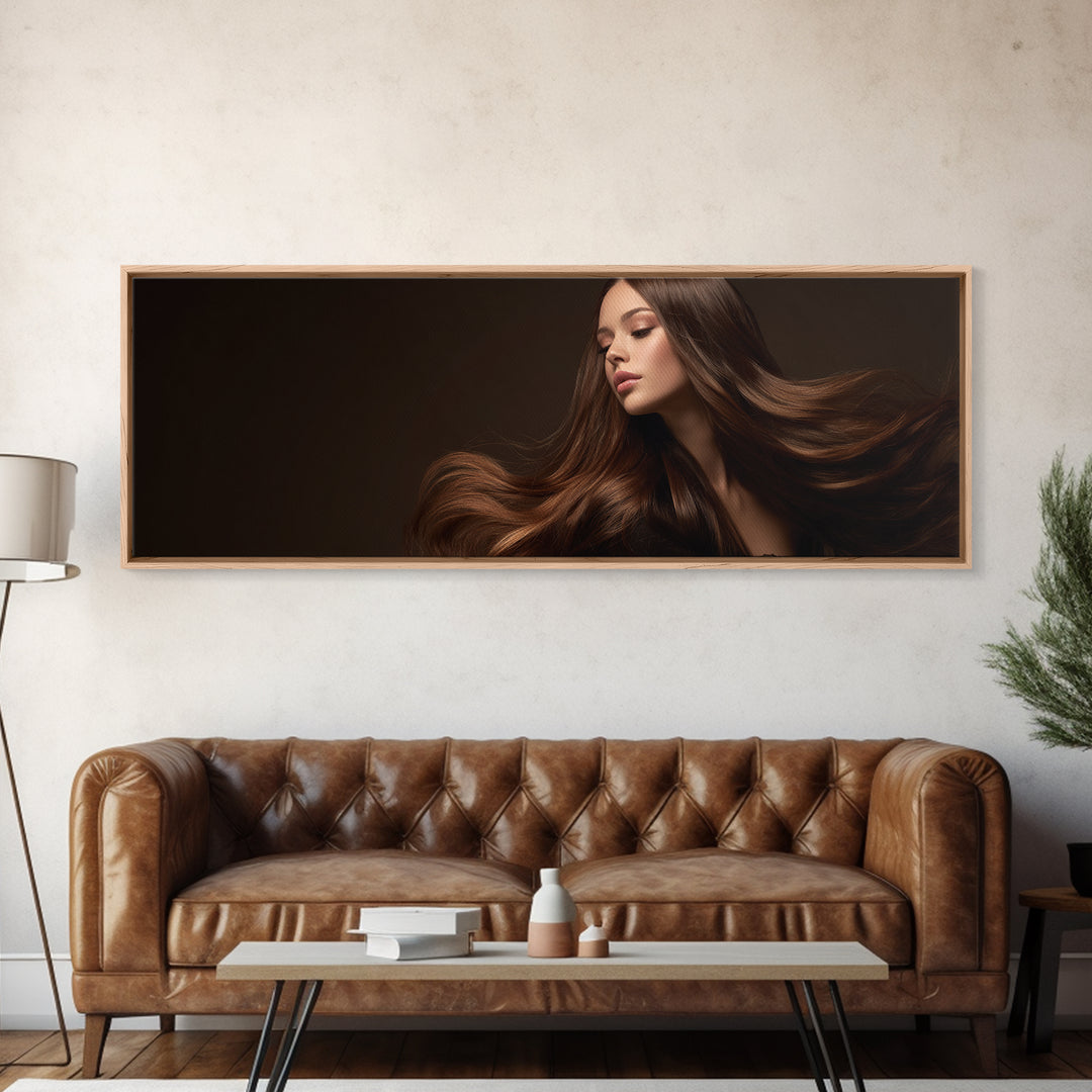 Fashion Portrait with Flowing Glossy Hair Canvas Print, Hair Salon Art, Afrocentric Art, Living Room Decor, Fine Art, Style, HSA-3x1-41