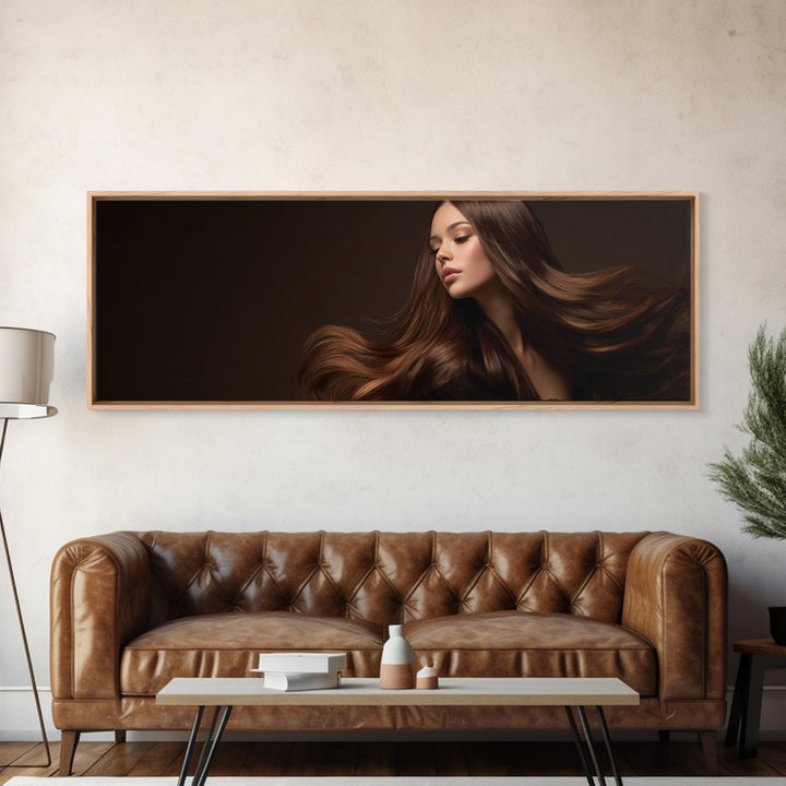 Fashion Portrait with Flowing Glossy Hair Canvas Print, Hair Salon Art, Afrocentric Art, Living Room Decor, Fine Art, Style, HSA-3x1-41