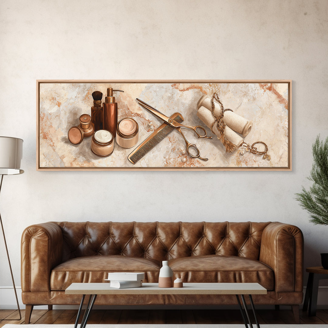 Gold Scissors and Comb Still Life on Canvas Print, Hair Salon Art, Black Art Prints, Living Room Decor, Fine Art, Style, HSA-3x1-42