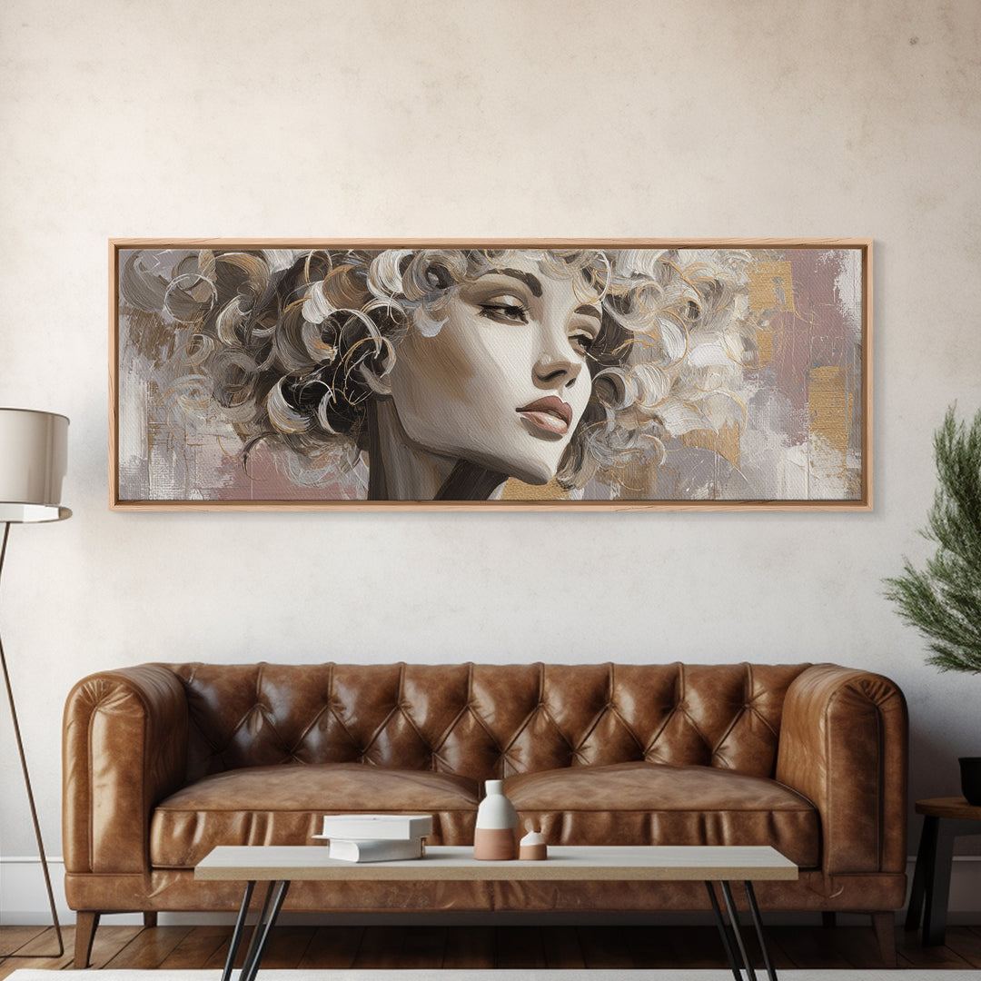 Curly Hair Portrait Framed Canvas Print, Hair Salon Art, Contemporary Art, Living Room Decor, Fine Art, Style, Modern Art, HSA-3x1-55