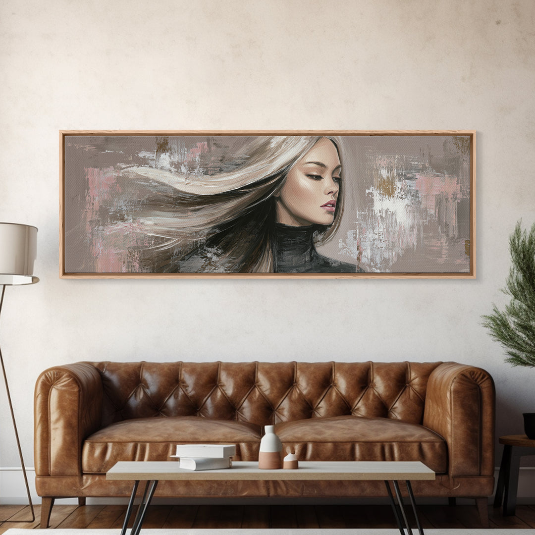 Fashion Portrait with Flowing Glossy Hair Canvas Print, Hair Salon Art, Afrocentric Art, Living Room Decor, Fine Art, Style, HSA-3x1-65