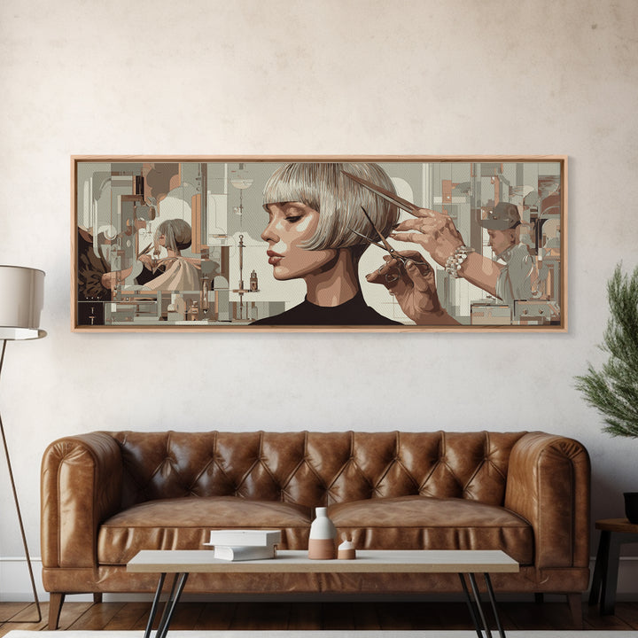Woman with Dramatic Bob Haircut in Art Framed Canvas Print, Hair Salon Art, Contemporary Art, Living Room Decor, Style, HSA-3x1-68