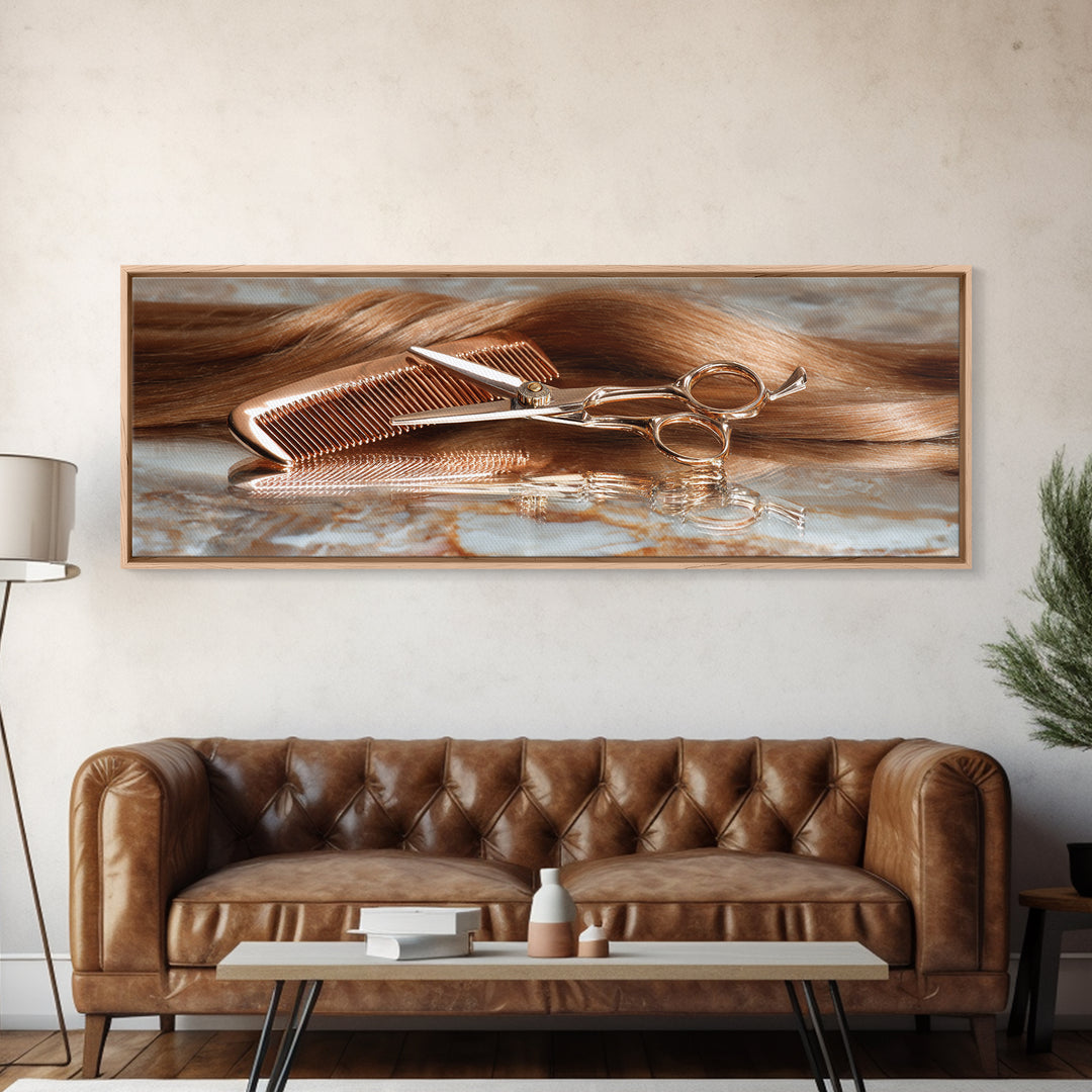 Rose Gold Salon Tool Still Life Canvas Print, Hair Salon Art, Art, Living Room Decor, Fine Art, Style, Black Art Prints, HSA-3x1-78