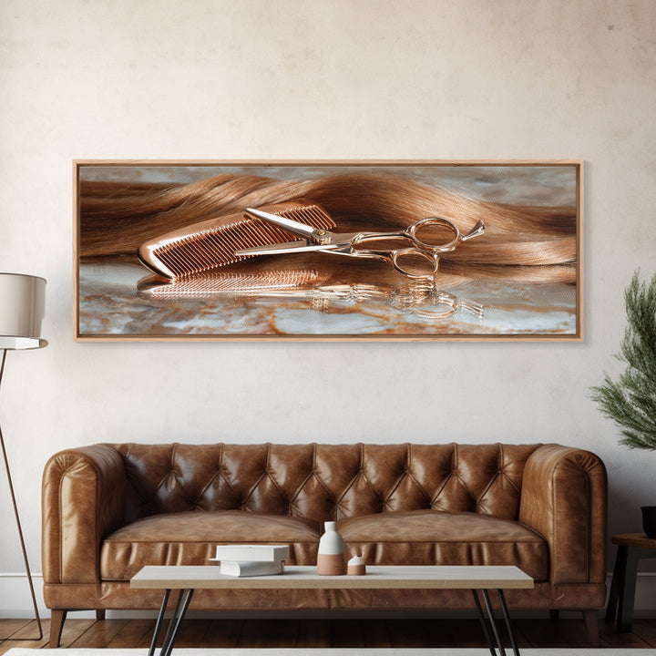 Rose Gold Salon Tool Still Life Canvas Print, Hair Salon Art, Art, Living Room Decor, Fine Art, Style, Black Art Prints, HSA-3x1-78