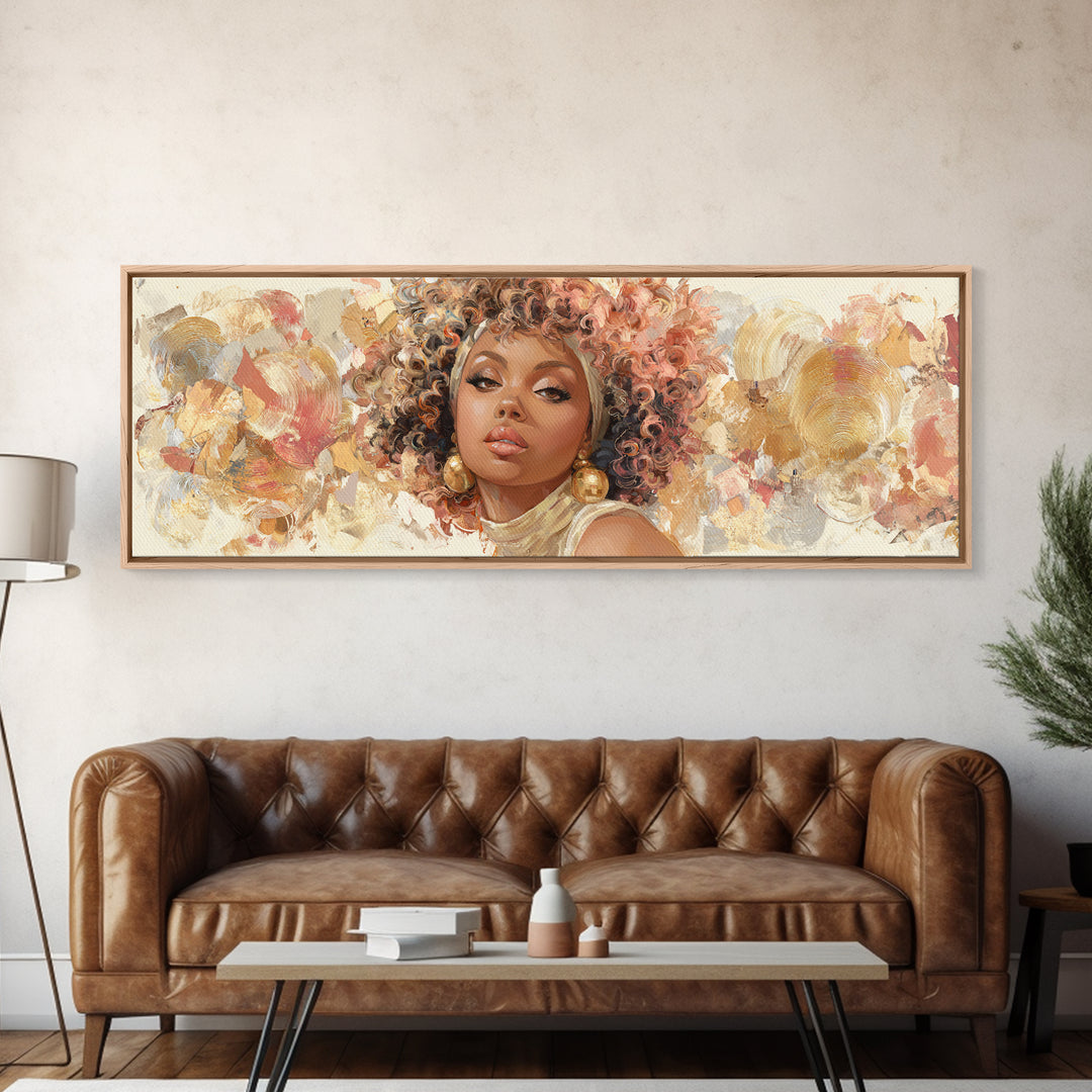 Curly Hair Portrait Framed Canvas Print, Hair Salon Art, Black Wall Art, Living Room Decor, Oil Painting, Style, HSA-3x1-79