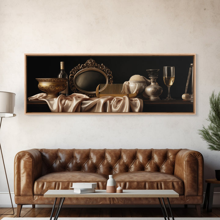 Baroque Mirror and Comb Still Life Framed Canvas Print, Hair Salon Art, Black Girl Art, Living Room Decor, Fine Art, Style, HSA-3x1-81
