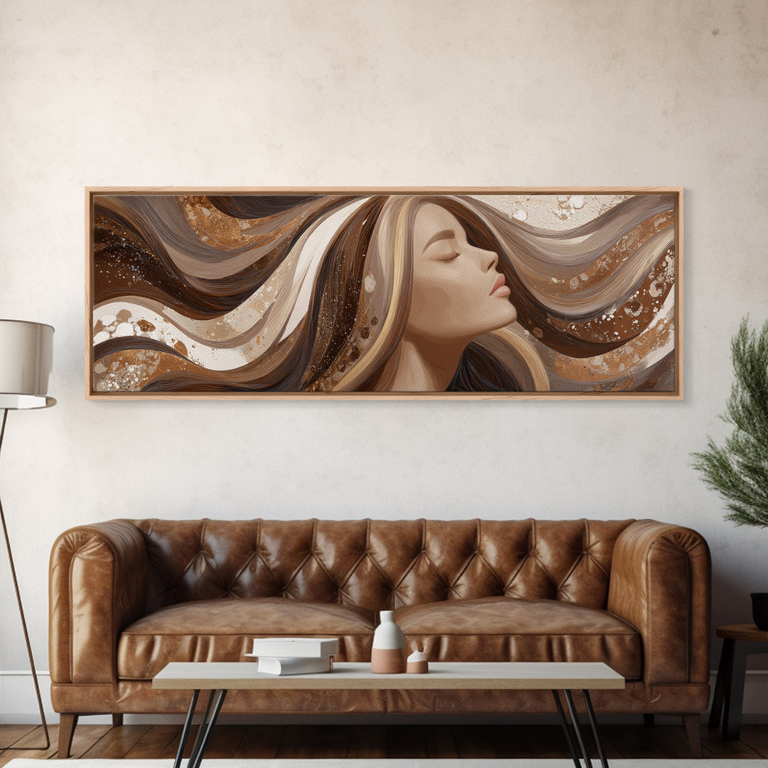 Fashion Portrait with Flowing Glossy Hair Framed Canvas Print, Hair Salon Art, Salon, Living Room Decor, Fine Art, Style, HSA-3x1-89