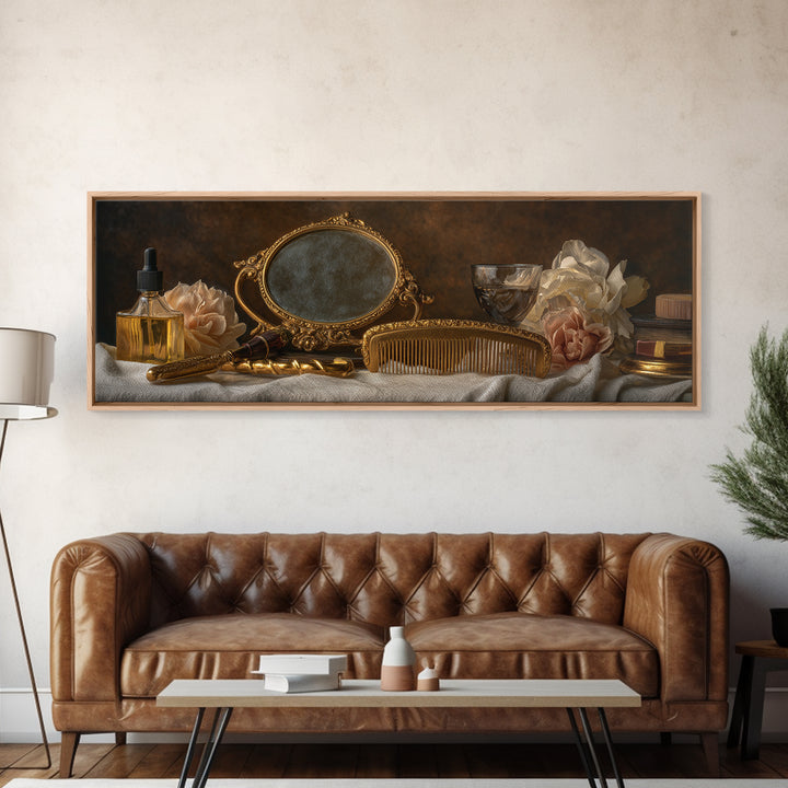 Baroque Mirror and Comb Still Life Framed Canvas Print, Hair Salon Art, Printable Art, Living Room Decor, Fine Art, Style, HSA-3x1-9