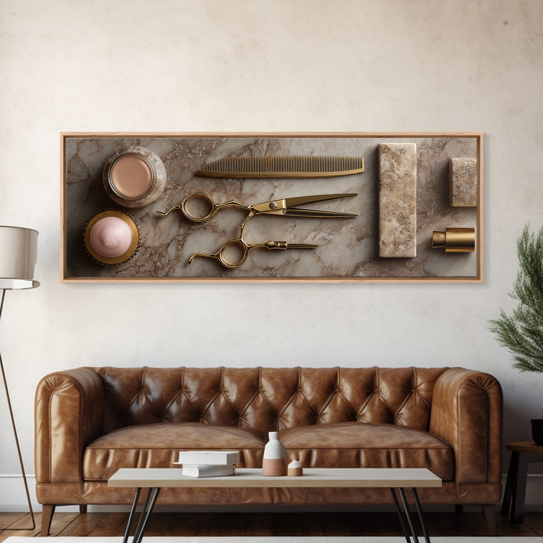 Gold Scissors and Comb Still Life on Framed Canvas Print, Hair Salon Art, Black and White Art, Living Room Decor, Style, HSA-3x1-90