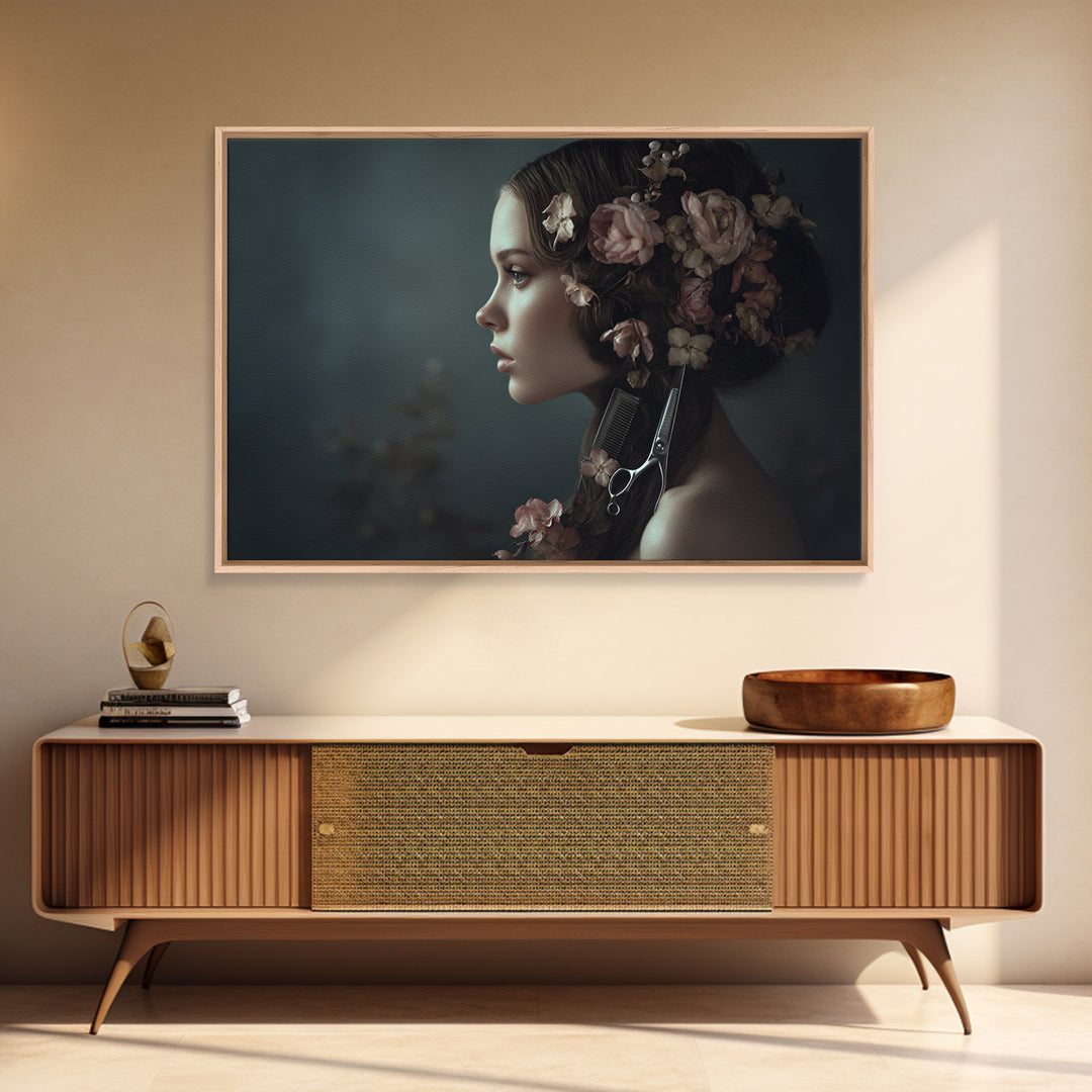 Botanical Hairstyle Portrait Framed Canvas Print, Hair Salon Art, Modern Art, Living Room Decor, Oil Painting, Style, HSA-3x2-10