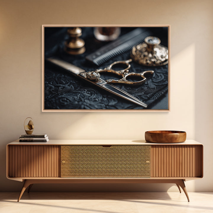Luxury Black and Gold Beauty Emblem Framed Canvas Print, Hair Salon Art, Modern Decor, Living Room Decor, Oil Painting, Style, HSA-3x2-100