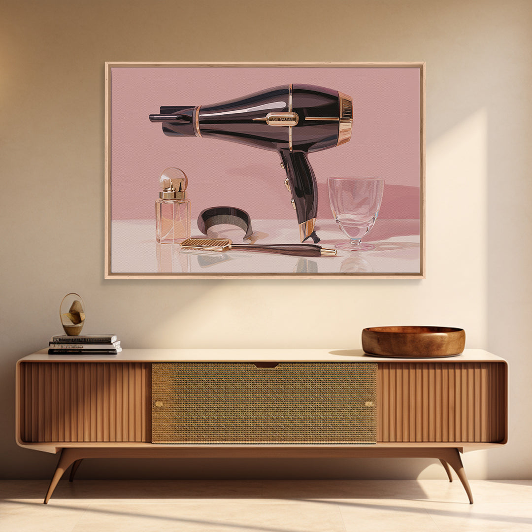 Hairdryer and Brush Framed Canvas Print, Hair Salon Art, African Art, Living Room Decor, Watercolor Art, Style, HSA-3x2-13