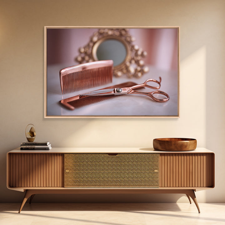 Rose Gold Salon Tool Still Life Framed Canvas Print, Hair Salon Art, Metal Wall Art, Living Room Decor, Fine Art, Style, HSA-3x2-18