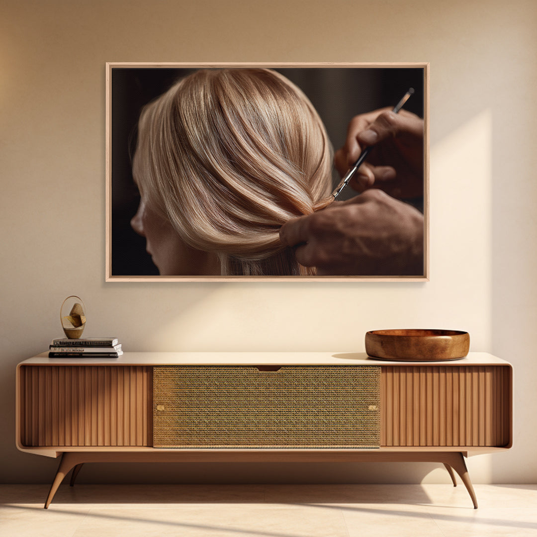 Elegant Hands Styling Hair Framed Canvas Print, Hair Salon Art, Digital Prints, Living Room Decor, Style, Black Woman Art, HSA-3x2-2