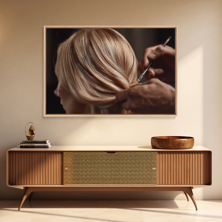 Elegant Hands Styling Hair Framed Canvas Print, Hair Salon Art, Digital Prints, Living Room Decor, Style, Black Woman Art, HSA-3x2-2