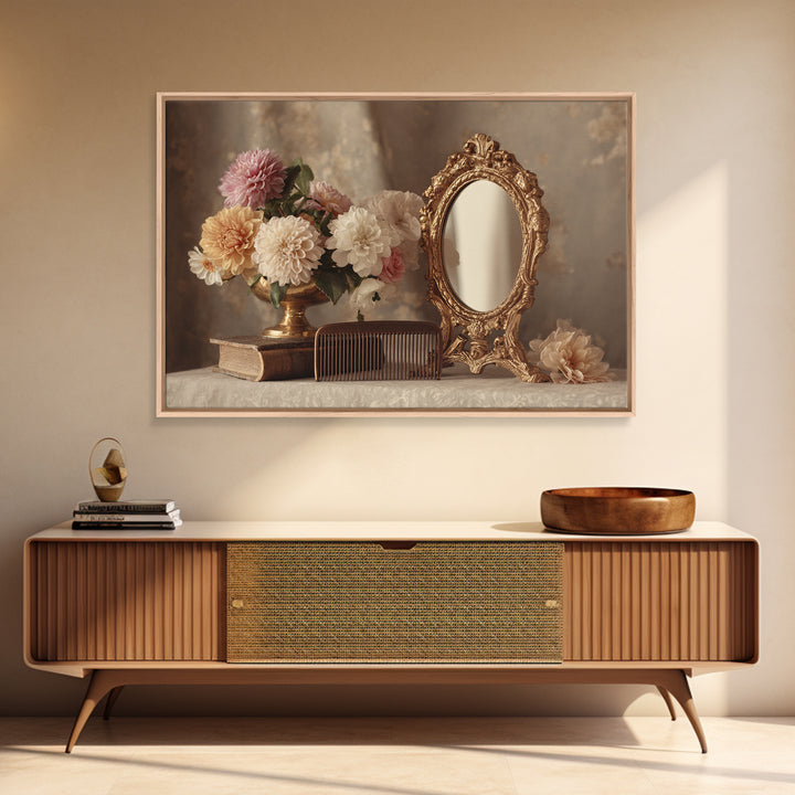Baroque Mirror and Comb Still Life Canvas Print, Hair Salon Art, Black Owned Art, Living Room Decor, Fine Art, Style, HSA-3x2-21