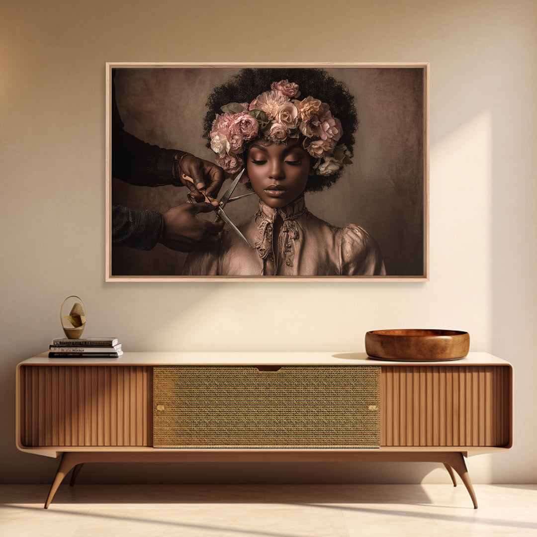 Afro Hair Portrait Framed Canvas Print, Hair Salon Art, African Art, Living Room Decor, Fine Art, Style, Girls Room Decor, HSA-3x2-24