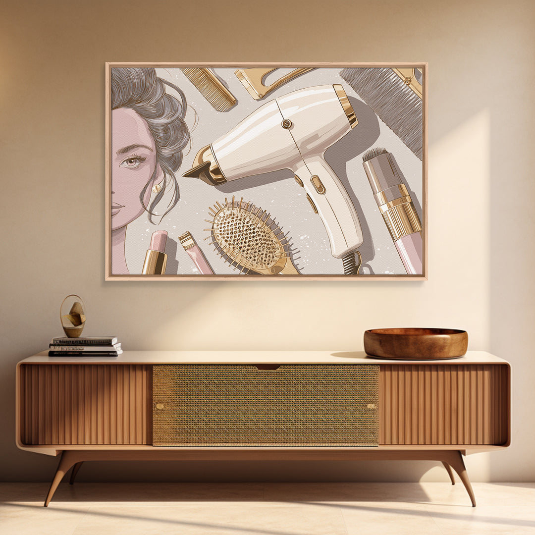 Hairdryer and Brush Canvas Print, Hair Salon Art, Black Girl Art, Living Room Decor, Oil Painting, Style, Modern Decor, HSA-3x2-37
