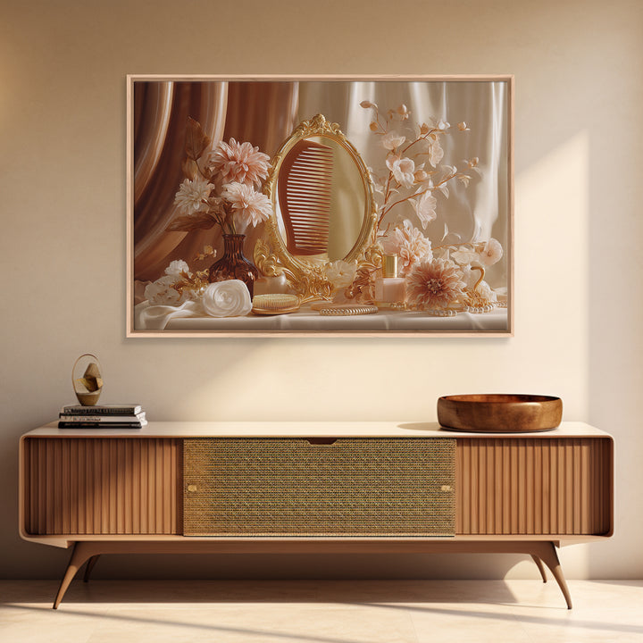Baroque Mirror and Comb Still Life Framed Canvas Print, Hair Salon Art, Afrocentric Art, Living Room Decor, Fine Art, Style, HSA-3x2-45