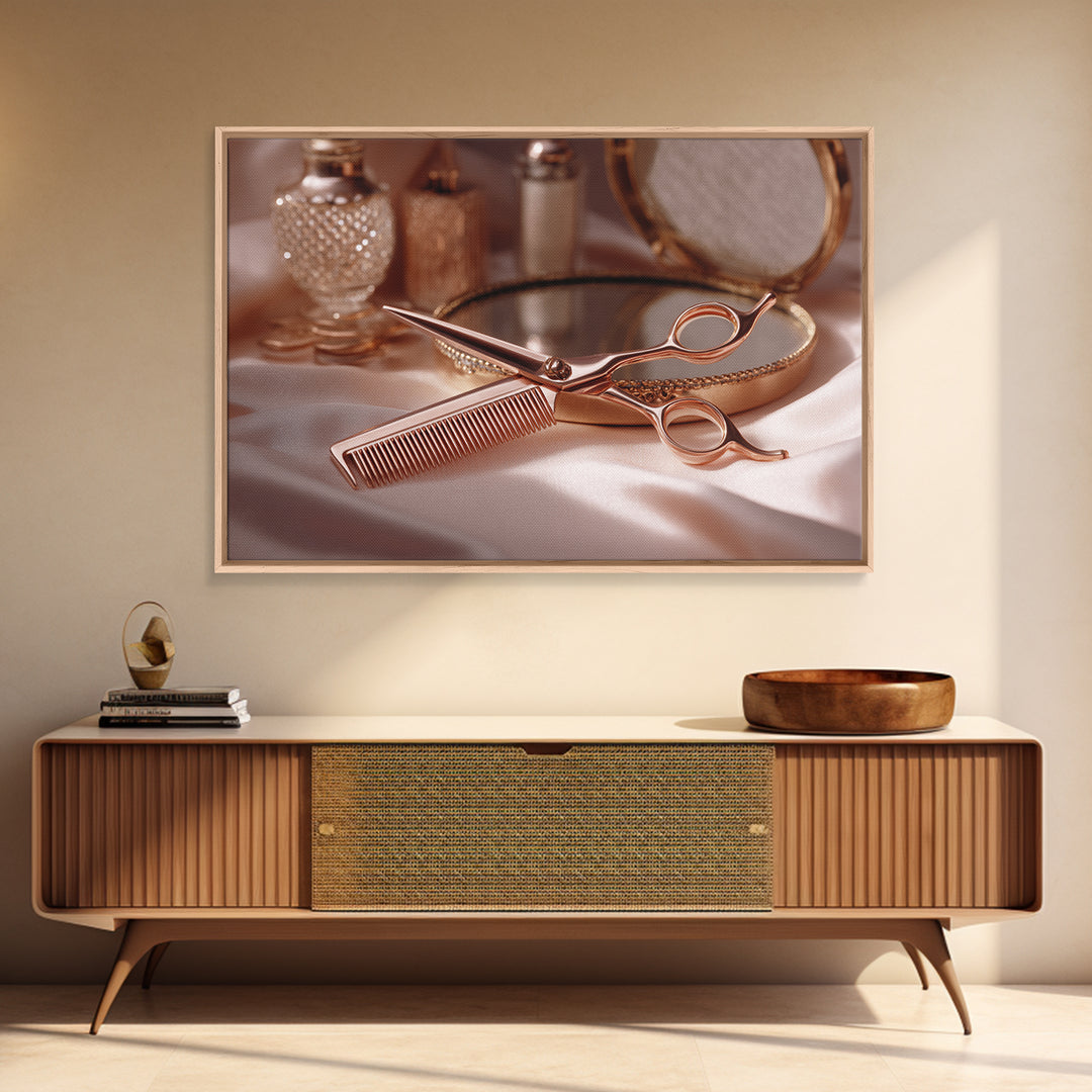 Rose Gold Salon Tool Still Life Canvas Print, Hair Salon Art, African American Art, Living Room Decor, Fine Art, Style, HSA-3x2-66