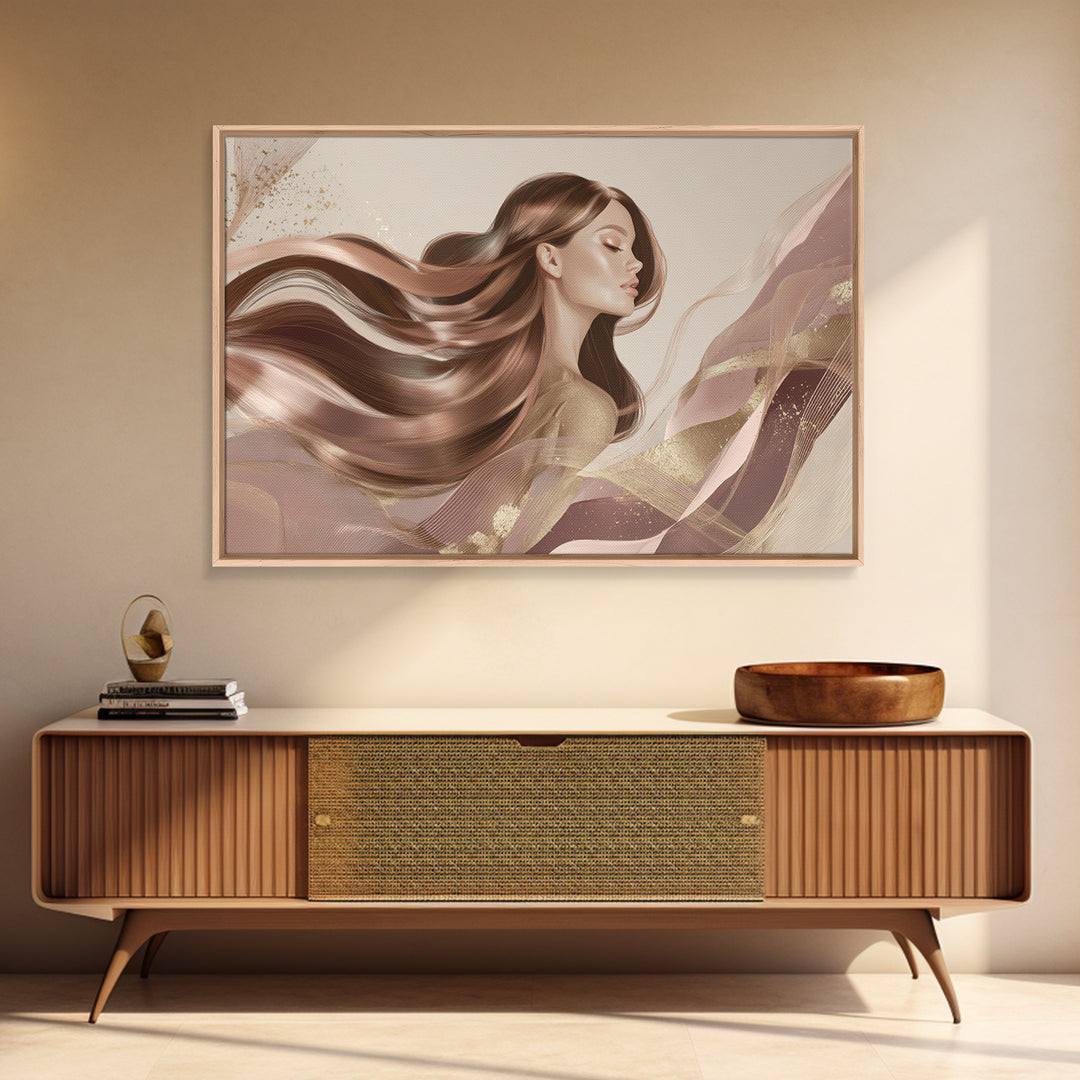 Fashion Portrait with Flowing Glossy Hair Framed Canvas Print, Hair Salon Art, Living Room Decor, Oil Painting, Style, HSA-3x2-77