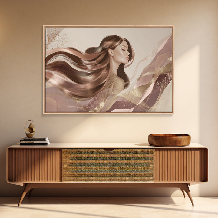 Fashion Portrait with Flowing Glossy Hair Framed Canvas Print, Hair Salon Art, Living Room Decor, Oil Painting, Style, HSA-3x2-77