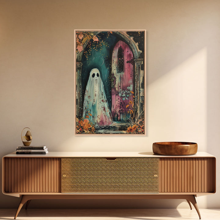 Ghostly Figure at Haunted Door Framed Canvas Print, Halloween Spirit Decor, Spooky Ghost Art, Haunted House Wall Art, Creepy Ghostly Print