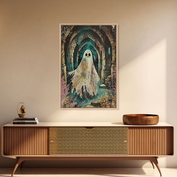 Ghostly Figure in Ancient Ruins Framed Canvas Print, Haunted Ruins Decor, Halloween Ghost Art, Eerie Ghostly Wall Art, Spooky Ghost Print