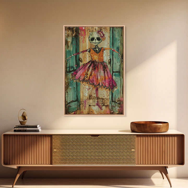 Spooky Skeleton Ballerina, Framed Canvas Print, Halloween Wall Art