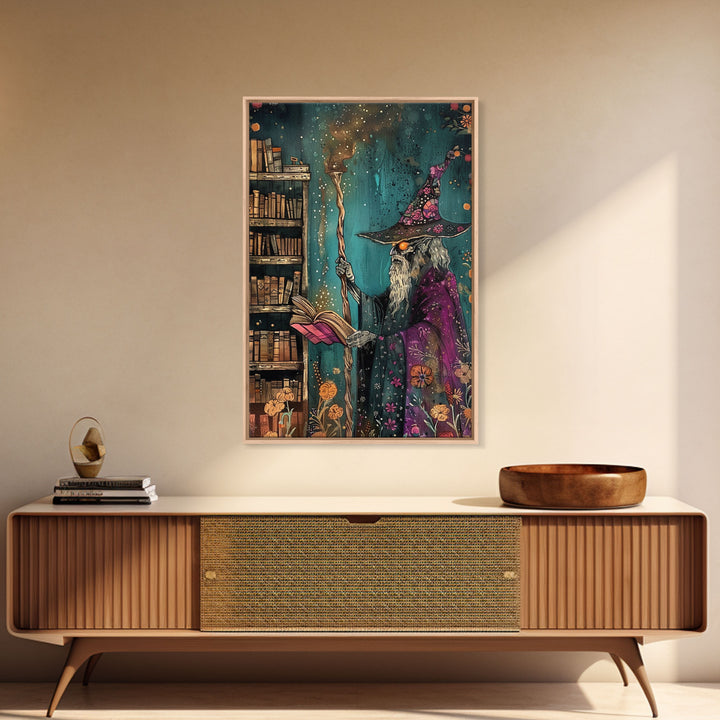 Halloween Eerie Wizard in Haunted Library Framed Canvas Print, Gothic Wall Art, Home Decor, Witchcraft Decor, Gift Idea, Enchanted Study