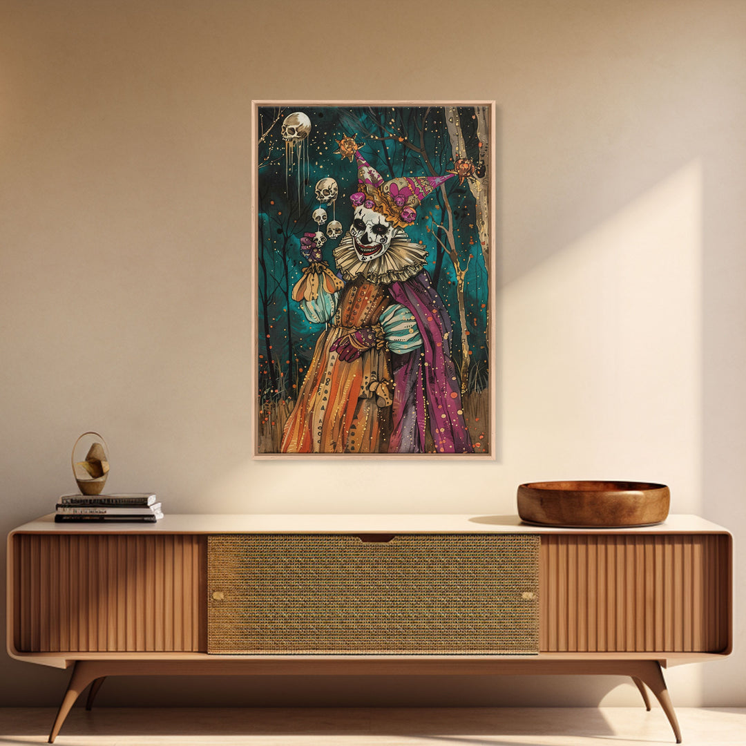 Halloween Sinister Clown in Dark Forest Framed Canvas Print, Creepy Wall Art, Home Decor, Horror Decor, Gift Idea, Spooky Carnival