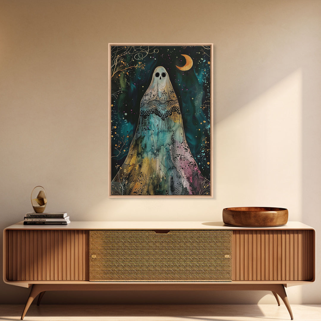 Cottage Core Ghost Decor, Cottagecore Halloween Art Framed Canvas Print, Unique Wall Art, Spooky Season Decor