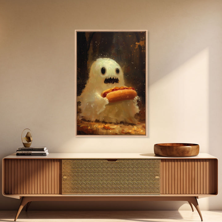 CHOMP! Cute Lil Ghost Eatin' a Dog, The Hot Dog Ghost, Haunted Hot Dog Thief, Framed Canvas Print, Halloween Art