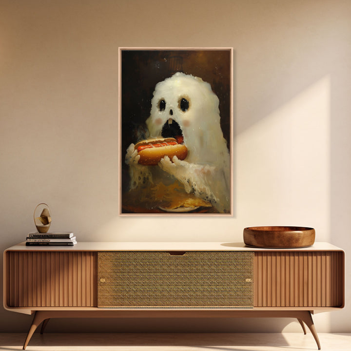 Ghostly Hot Dog Thief, Cute Lil Ghost Eatin' a Dog, The Hot Dog Ghost, Haunted Hot Dog Thief, Framed Canvas Print, Halloween Art