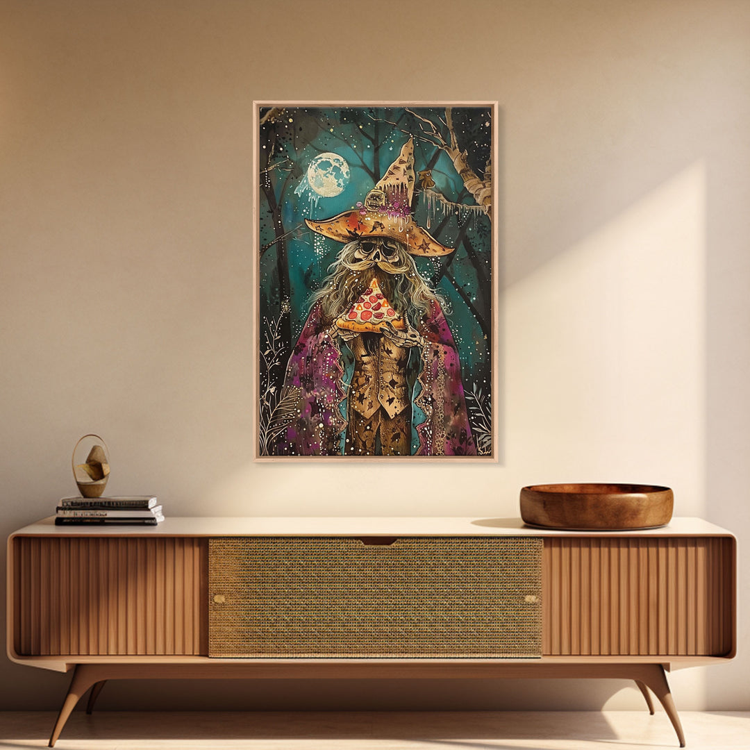 Ghostly Wizard Having A  Slice of Pizza, Funny Halloween Decor, Framed Canvas Print