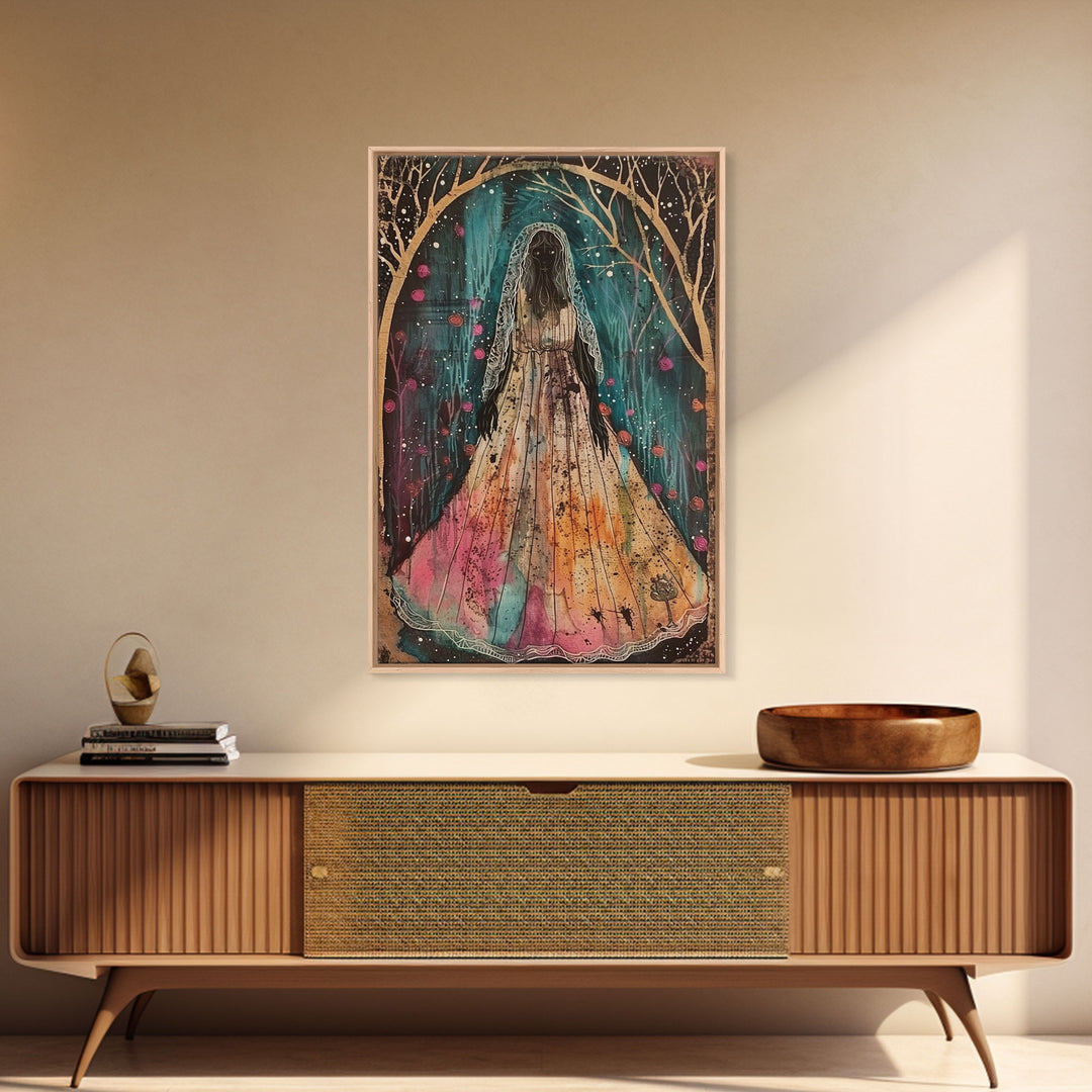 Halloween Veiled Ghost in Cemetery, Framed Canvas Print, Wall Art, Living Room Decor, Spooky, Ghost Art, Original Painting, Home Decor